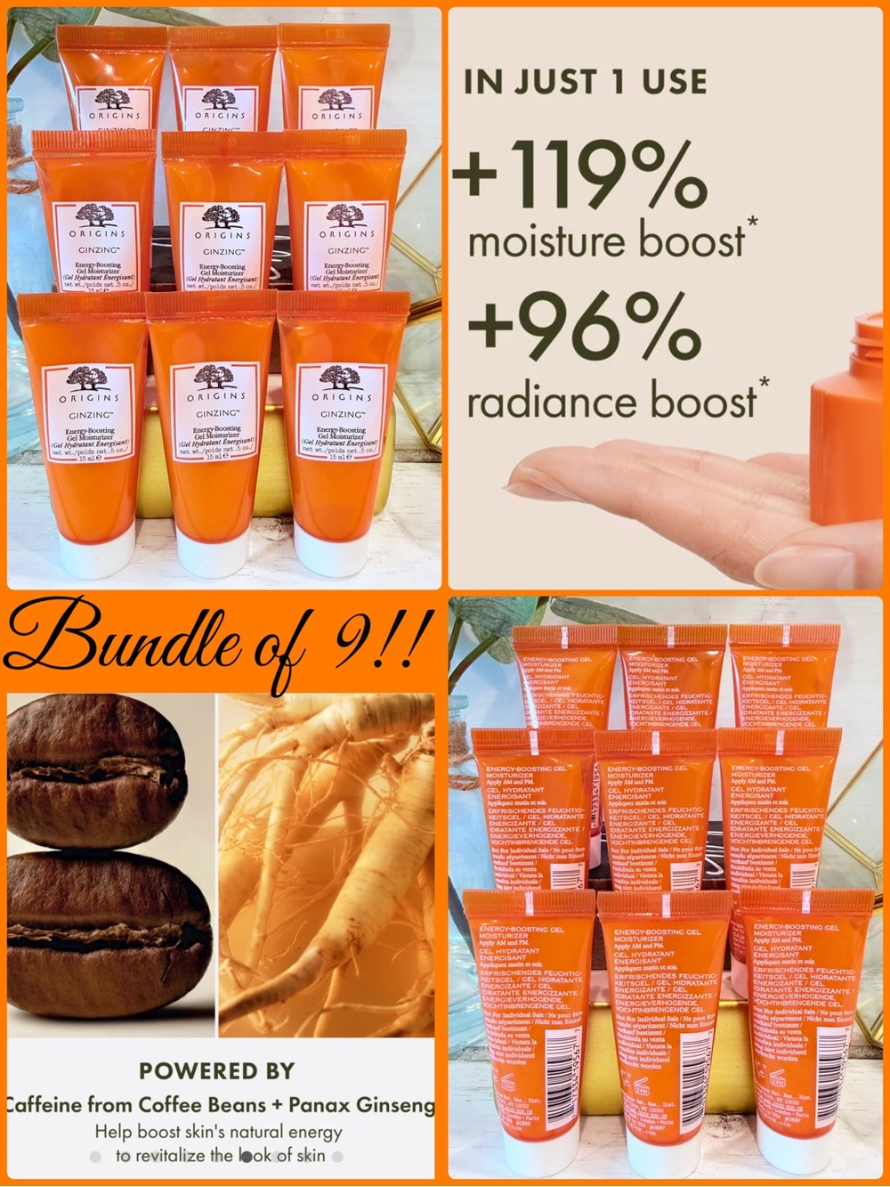 Origins GinZing Energy Boosting Gel Moisturizer Bundle of 9 NEW VEGAN Oil-Free